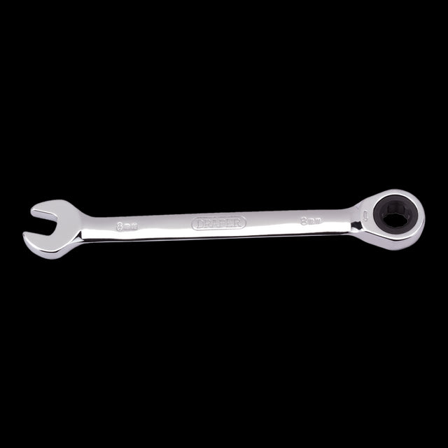 DRAPER 8mm ratcheting combination spanner, designed for easy tightening and loosening of nuts and bolts in tight spaces.