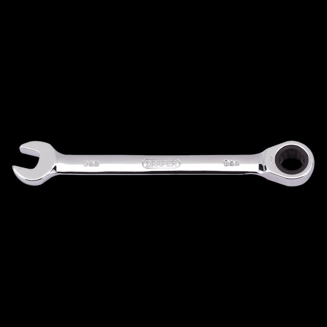 9mm DRAPER Ratcheting Combination Spanner made of chrome vanadium steel, designed for efficient, ergonomic use in tight spaces.