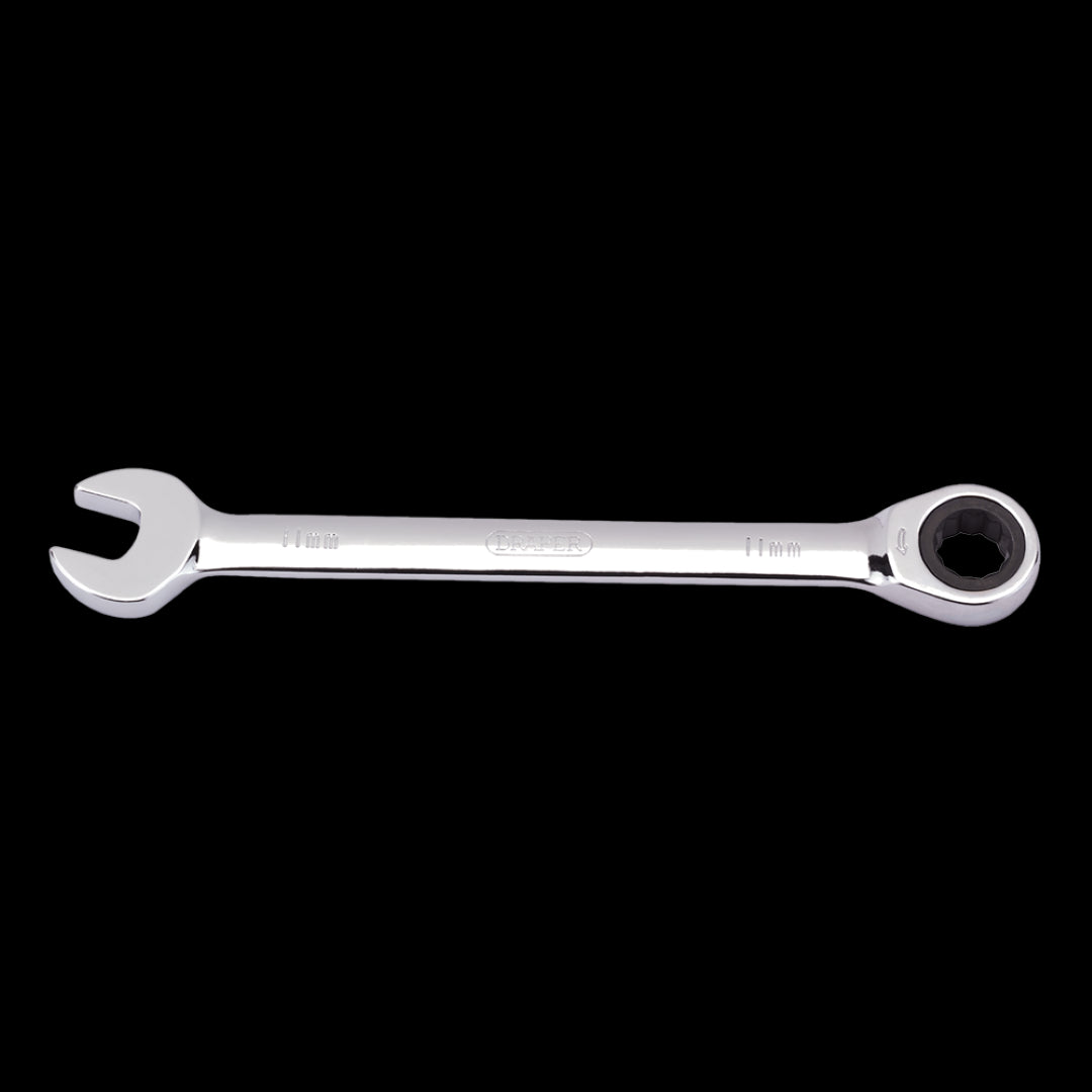 11mm DRAPER ratcheting combination spanner with chrome vanadium steel, designed for quick tightening and loosening of fasteners.