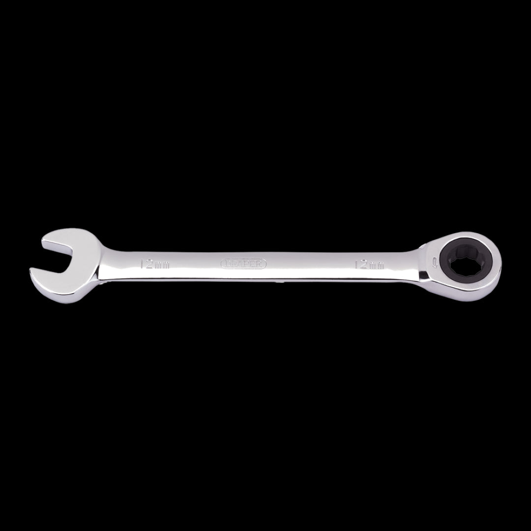 DRAPER 12mm Ratcheting Combination Spanner in chrome vanadium steel, featuring ratcheting mechanism for easy fastener adjustments.