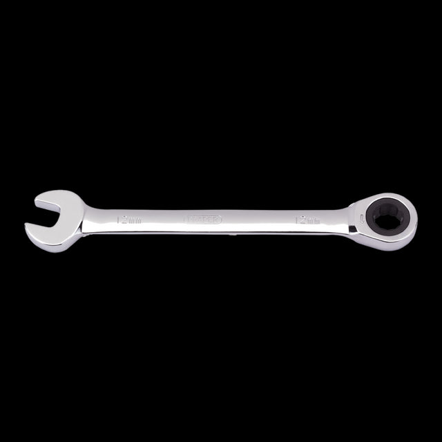 DRAPER 12mm Ratcheting Combination Spanner in chrome vanadium steel, featuring ratcheting mechanism for easy fastener adjustments.