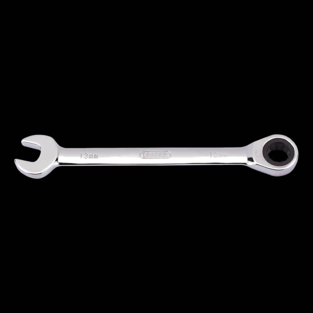 13mm DRAPER ratcheting combination spanner with open-end and 12-point box-end for efficient fastening and durability.