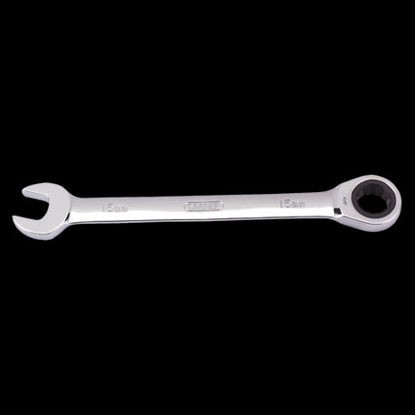 15mm DRAPER ratcheting combination spanner, chrome vanadium steel, ideal for tight spaces and automotive repairs.