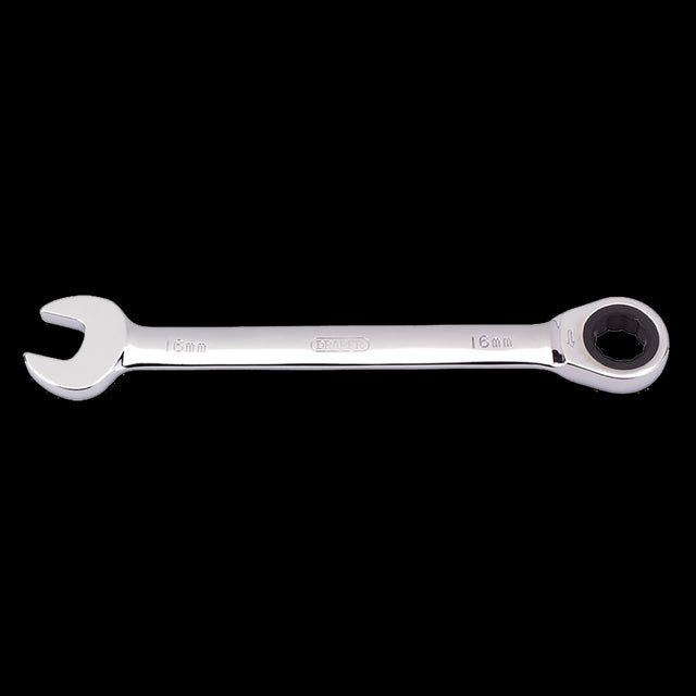 DRAPER 16mm ratcheting combination spanner, chrome vanadium steel, designed for efficient nut and bolt work in tight spaces.