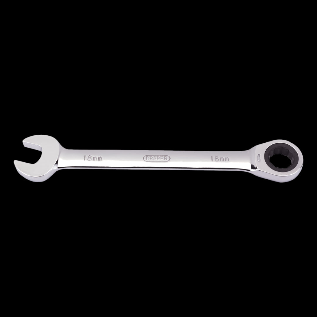 DRAPER 18mm Ratcheting Combination Spanner designed for efficient adjustments, made from durable chrome vanadium steel.