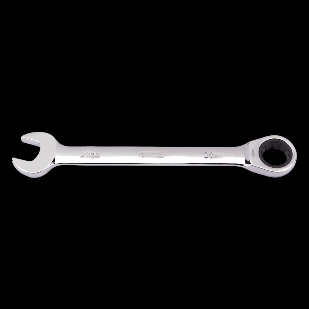 20mm ratcheting combination spanner for effortless tightening and loosening of nuts and bolts, featuring an ergonomic handle.