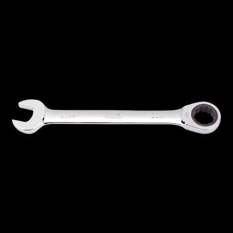 DRAPER 22mm Ratcheting Combination Spanner with dual functionality for tight spaces, crafted from durable chrome vanadium steel.