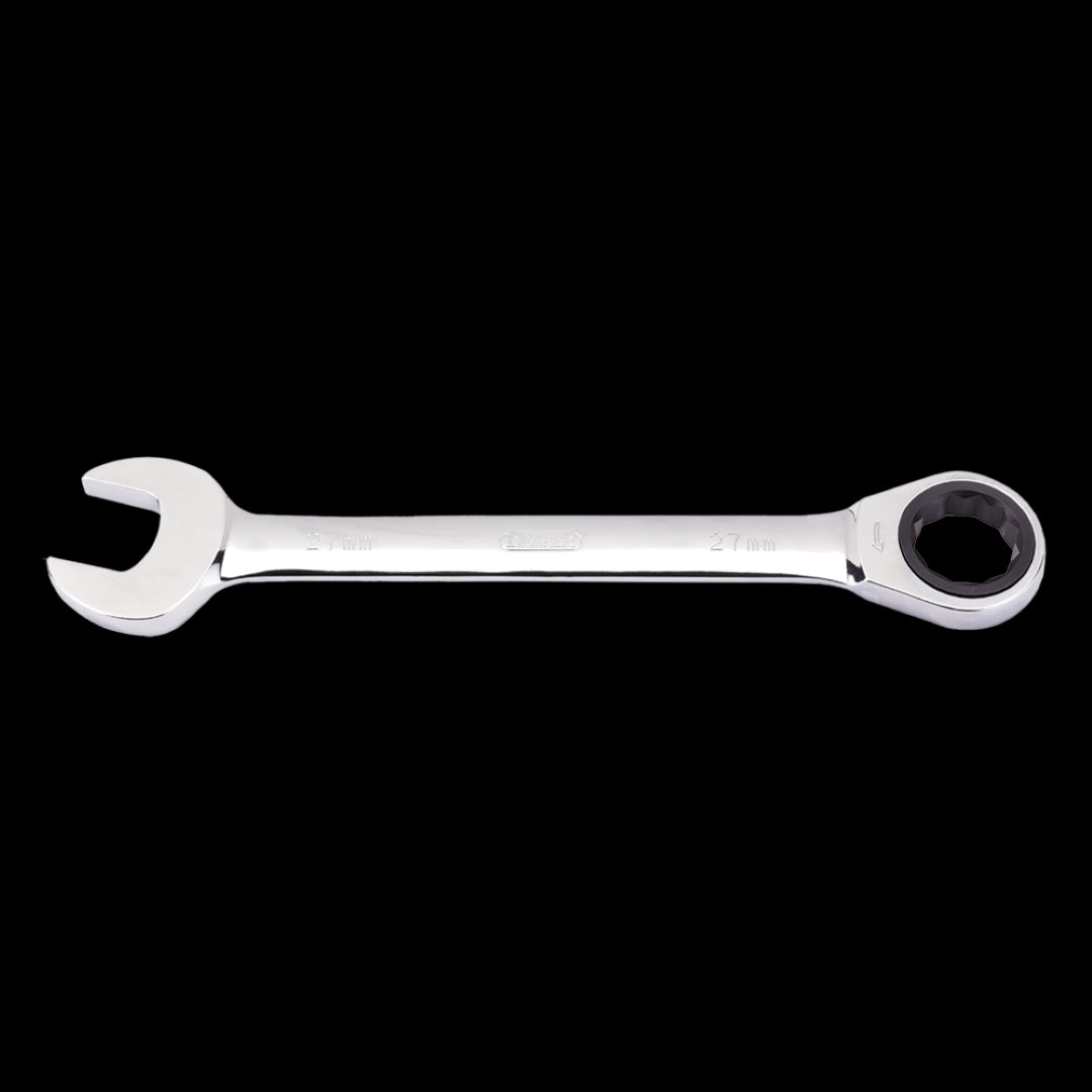 High-quality DRAPER 27mm ratcheting combination spanner, crafted from chrome vanadium steel for durability and efficiency.