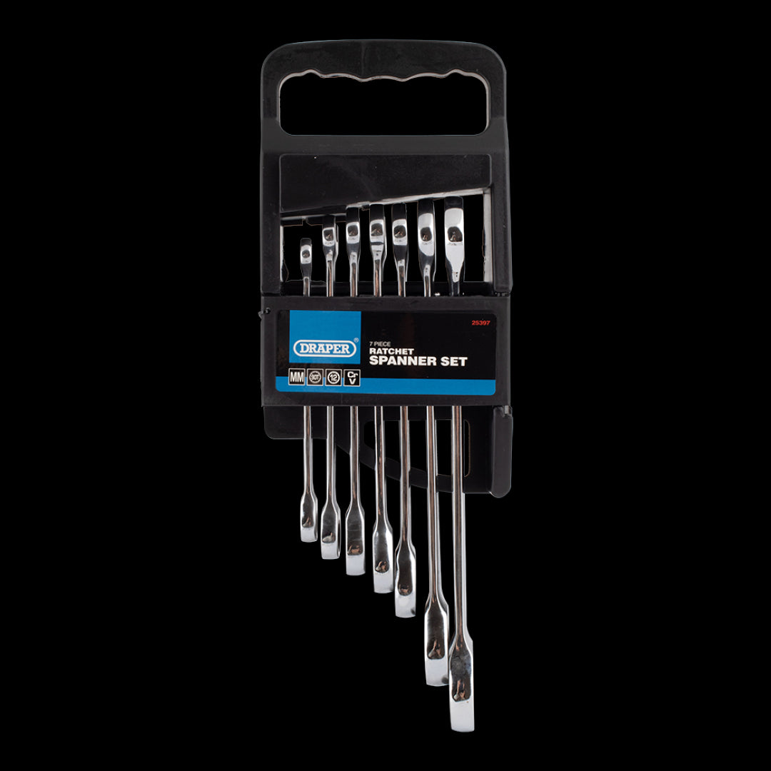 7-piece DRAPER HI-TORQ® Metric Ratcheting Spanner Set with chrome vanadium steel, 90-tooth ratchets, and 15° angled open ends.