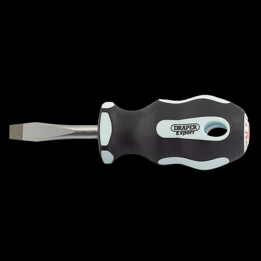 DRAPER Ergo Screwdriver with SVCM steel blade, satin chrome finish, and soft-grip handle for precision and comfort.