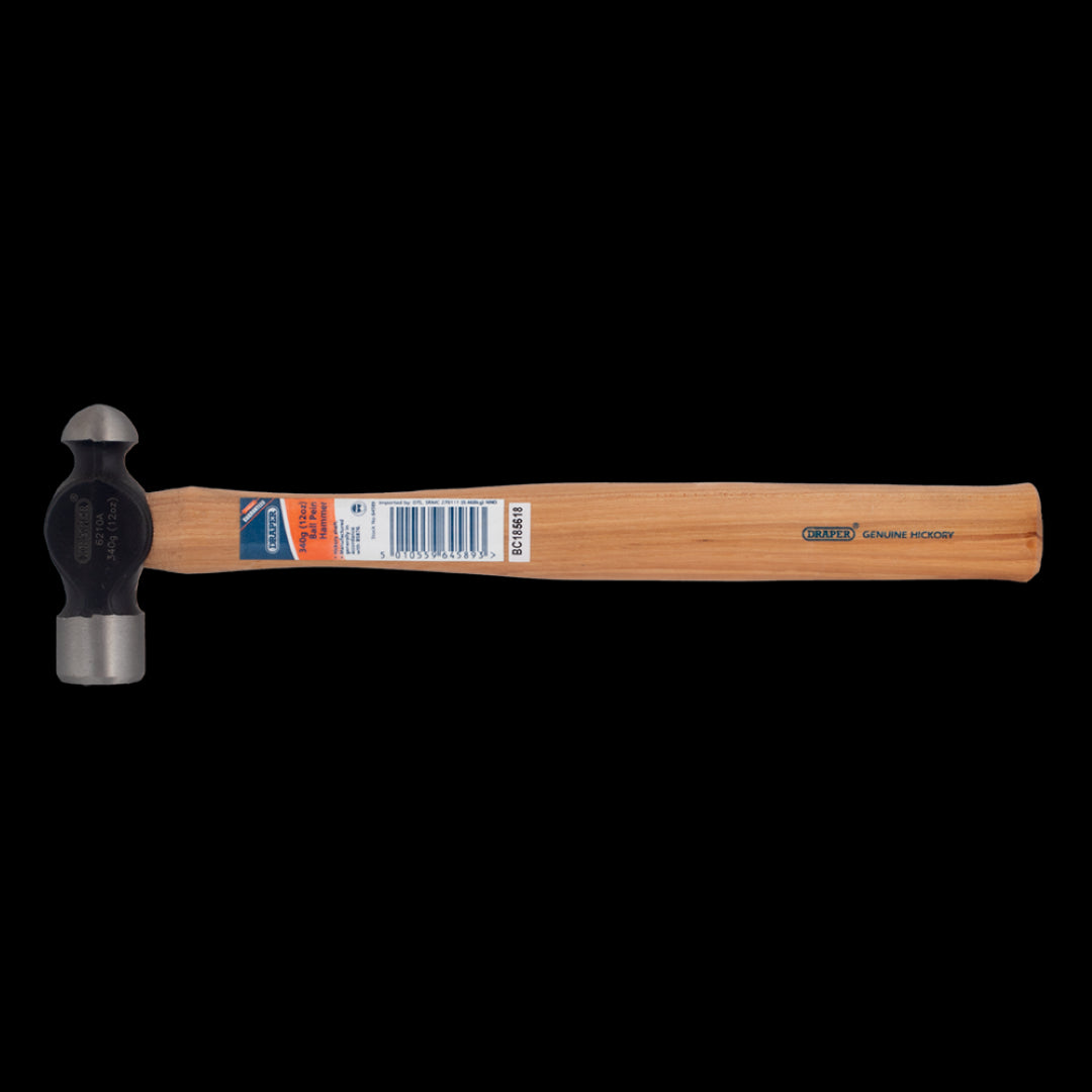 DRAPER 12oz Wood Ball Pein Hammer with forged steel head and hickory shaft, ideal for metalworking and woodworking tasks.