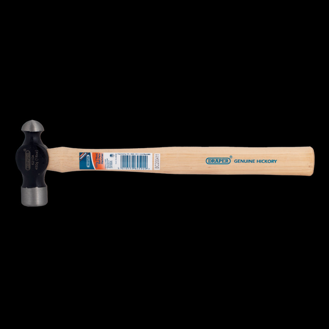 DRAPER 16oz Wood Ball Pein Hammer featuring a forged steel head, lacquered hickory handle, ideal for metalworking and carpentry.