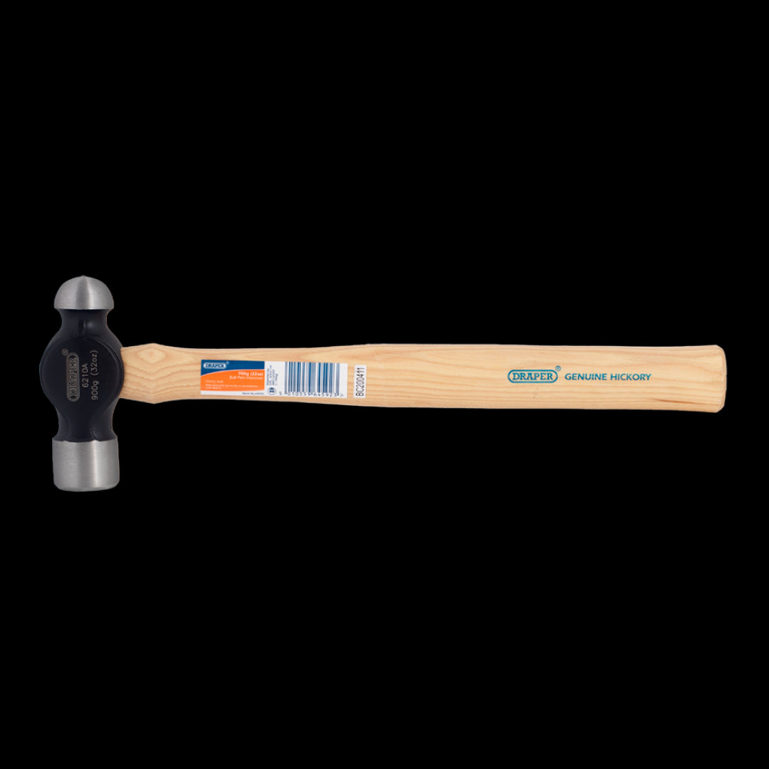 DRAPER 32oz Wood Ball Pein Hammer featuring a forged high carbon steel head and a comfortable hickory shaft for precise metalwork.