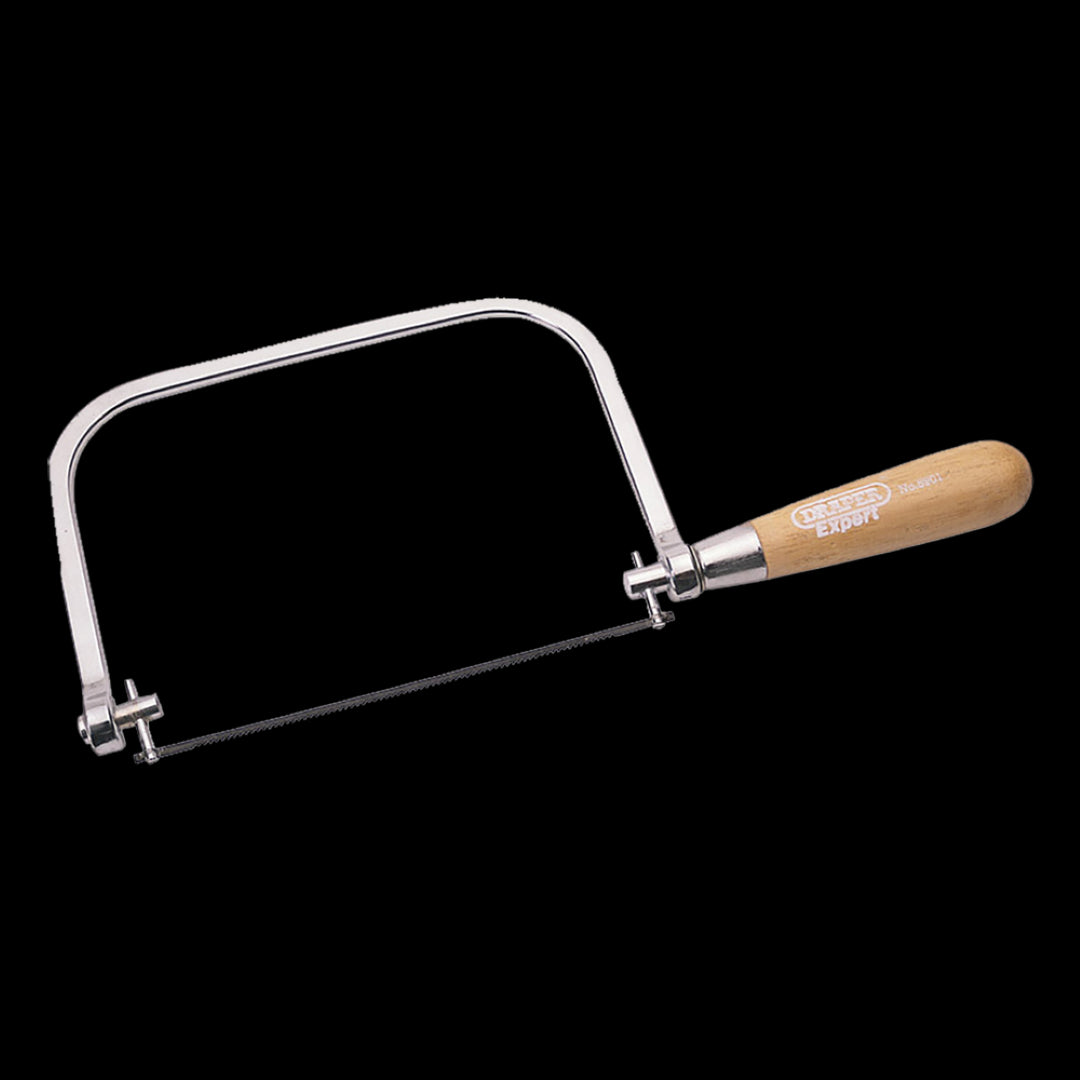 DRAPER Coping Saw Frame with chrome-plated body and ergonomic wooden handle for precise intricate cutting in woodworking.