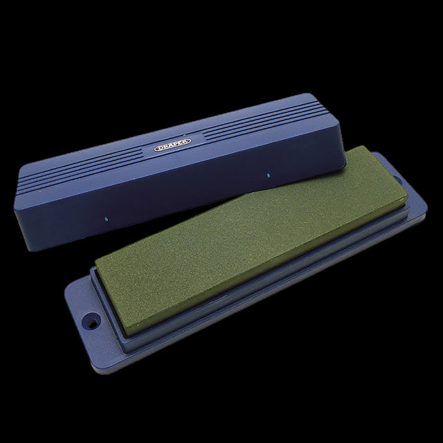 DRAPER Sharpening Stone with Box, featuring fine and medium surfaces for precise blade maintenance and durable, portable storage.