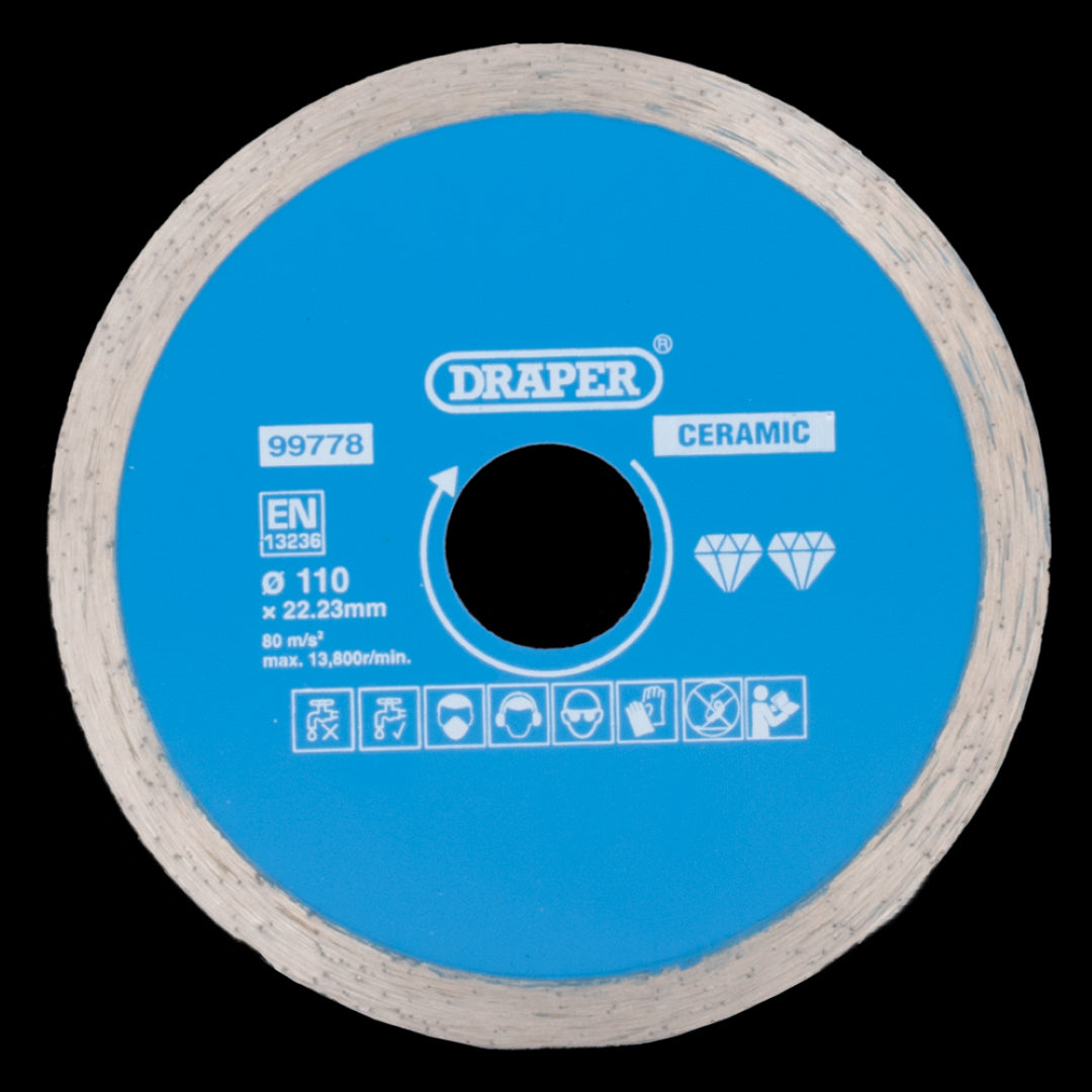 Hardened 110mm diamond blade with continuous rim for smooth cuts in ceramic and stone, compatible with most angle grinders.