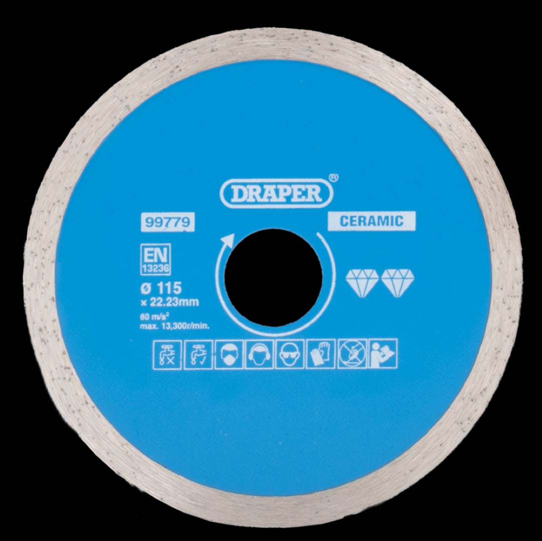 Hardened 115mm diamond blade with continuous rim, ideal for smooth cutting of ceramic and natural stone tiles, wet or dry.