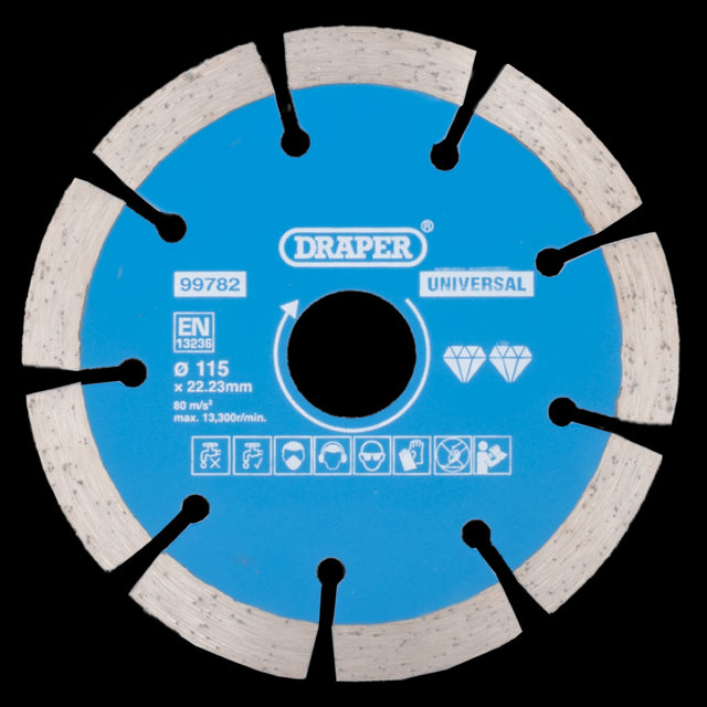 DRAPER 115mm Segmented Diamond Blade for efficient cutting of concrete, bricks, and stone; compatible with most angle grinders.