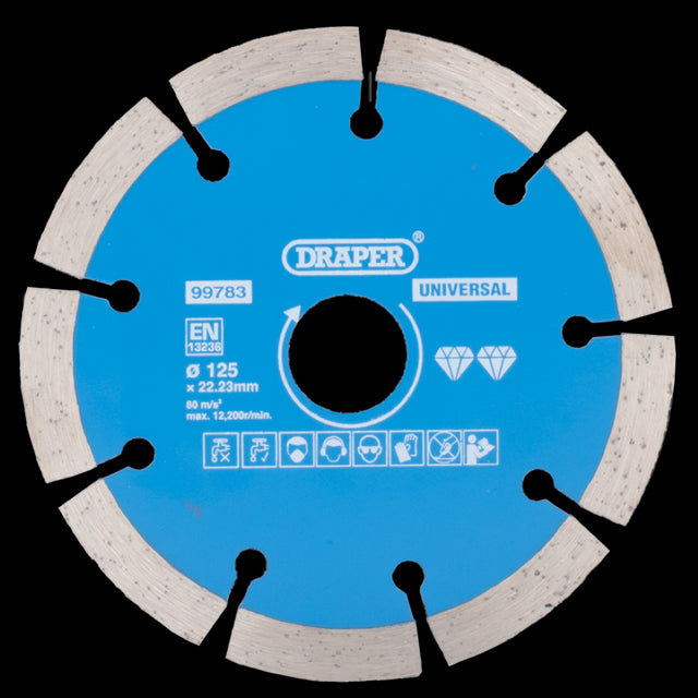 Draper 125mm segmented diamond blade for fast, precise cutting of concrete, stone, granite, and marble; ideal for wet or dry use.