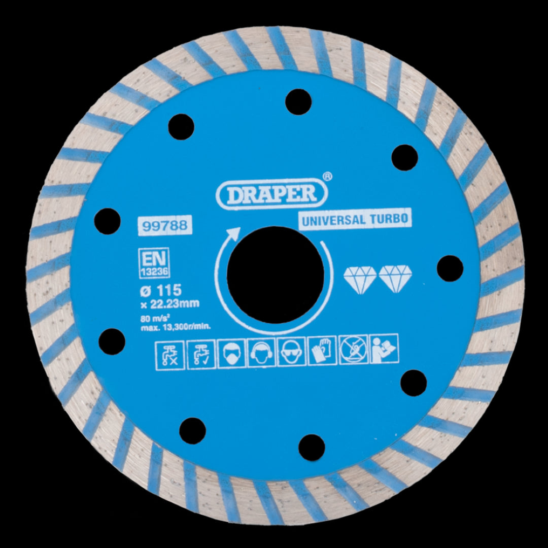 Hardened 115mm Turbo Diamond Blade for fast, smooth cuts on granite, marble, and stone; compatible with 22.23mm angle grinders.