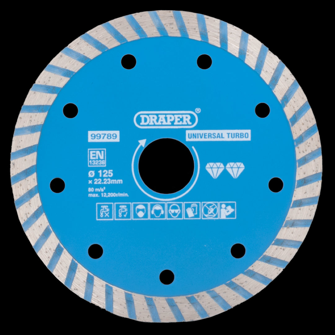 Hardened turbo diamond blade for fast, smooth cuts on granite, marble, and stone; compatible with 22.23mm angle grinders.