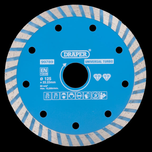 Hardened turbo diamond blade for fast, smooth cuts on granite, marble, and stone; compatible with 22.23mm angle grinders.