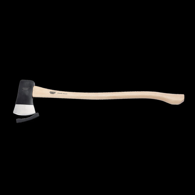 DRAPER 2kg Yankee Pattern Hickory Felling Axe with a forged steel head, hickory handle, and durable lacquered finish for outdoor tasks.