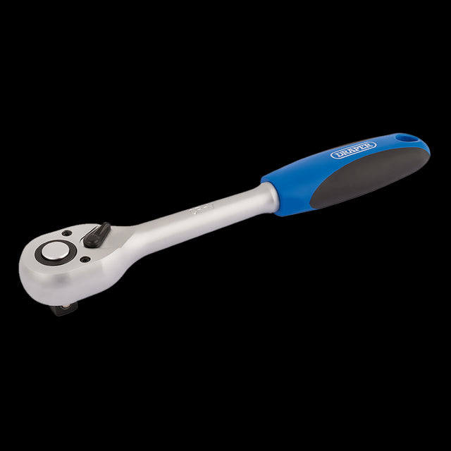 DRAPER Reversible Soft Grip Ratchet features a durable chrome vanadium steel design, 72-tooth mechanism, and comfort grip handle.