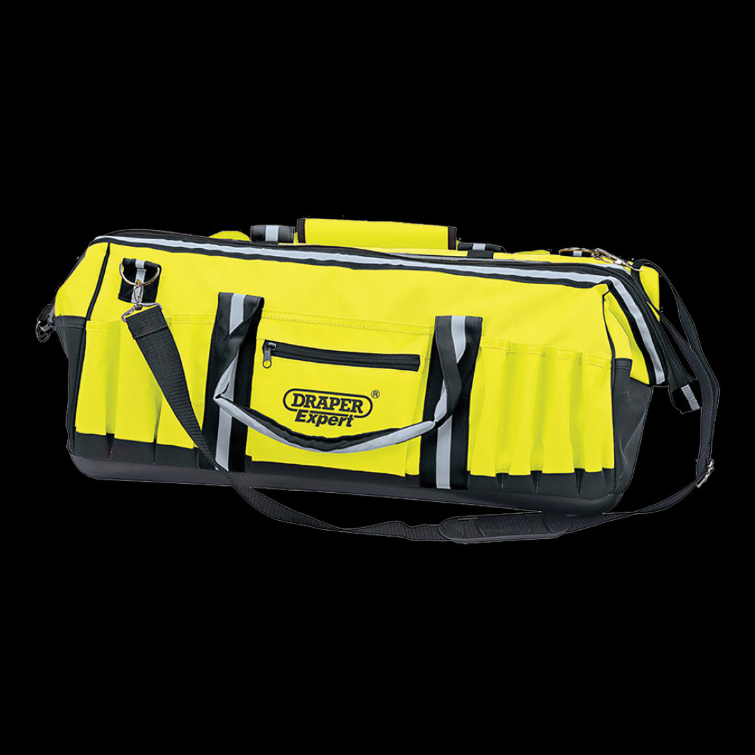 Bright orange DRAPER Hi-Viz Tool Bag with multiple pockets, designed for safety and efficient tool organization.