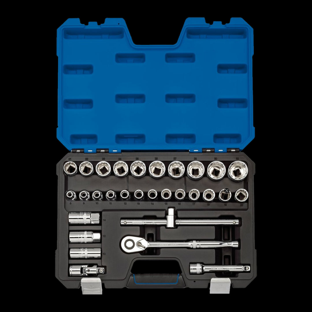 DRAPER 30pc 1/2" Drive Metric Socket Set, featuring chrome vanadium steel sockets, knurled grips, and a reversible ratchet.