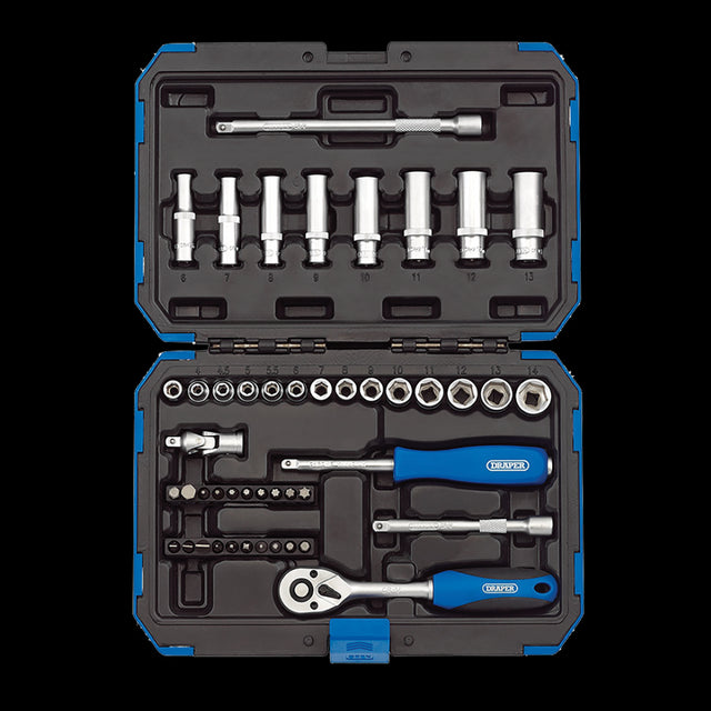 DRAPER 1/4 Inch Drive Metric Socket Set - 47pc featuring chrome vanadium steel sockets and a 72-tooth ratchet in a storage case.