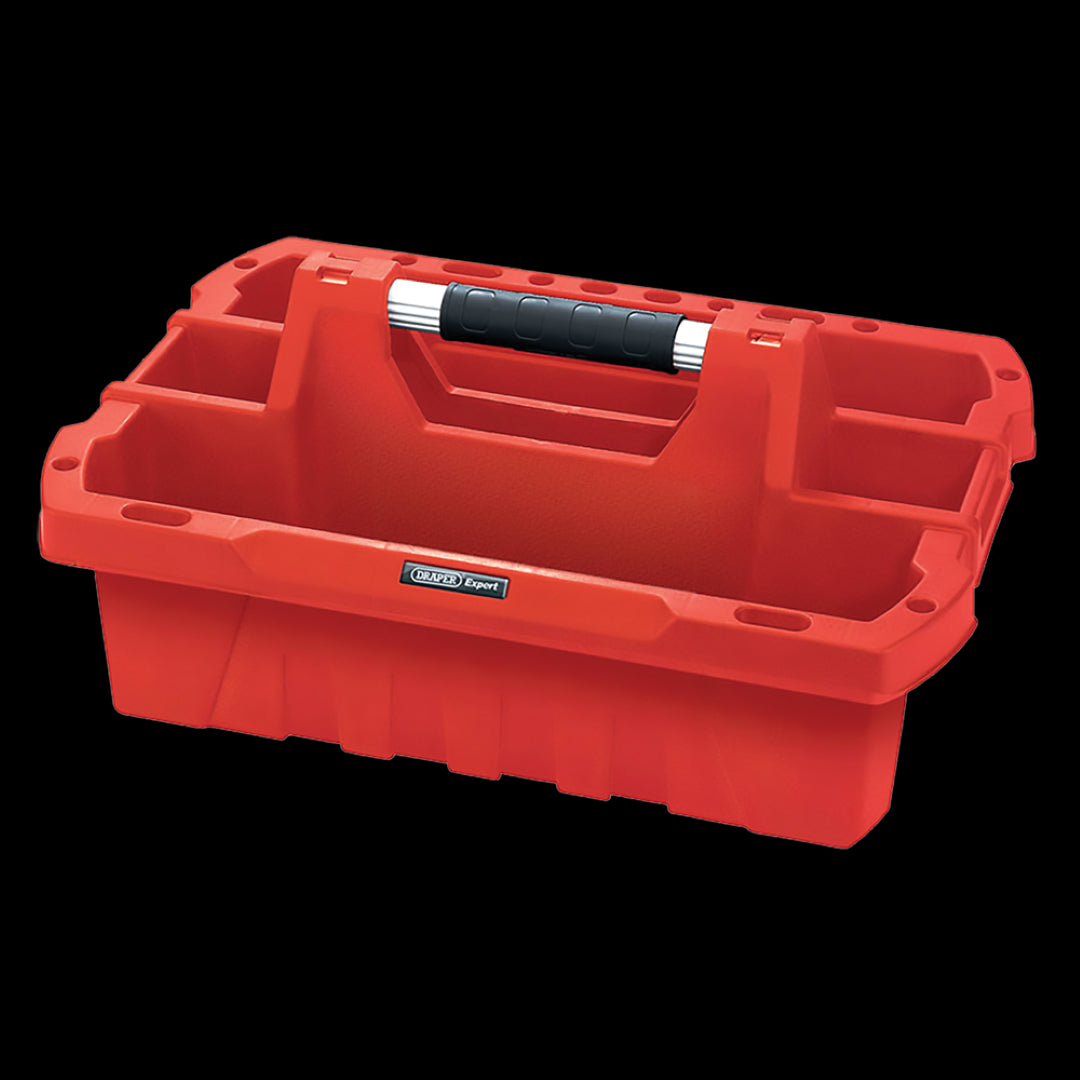 Heavy-duty DRAPER Tote Tool Box with deep compartments, aluminum handle, perfect for organized tool storage.