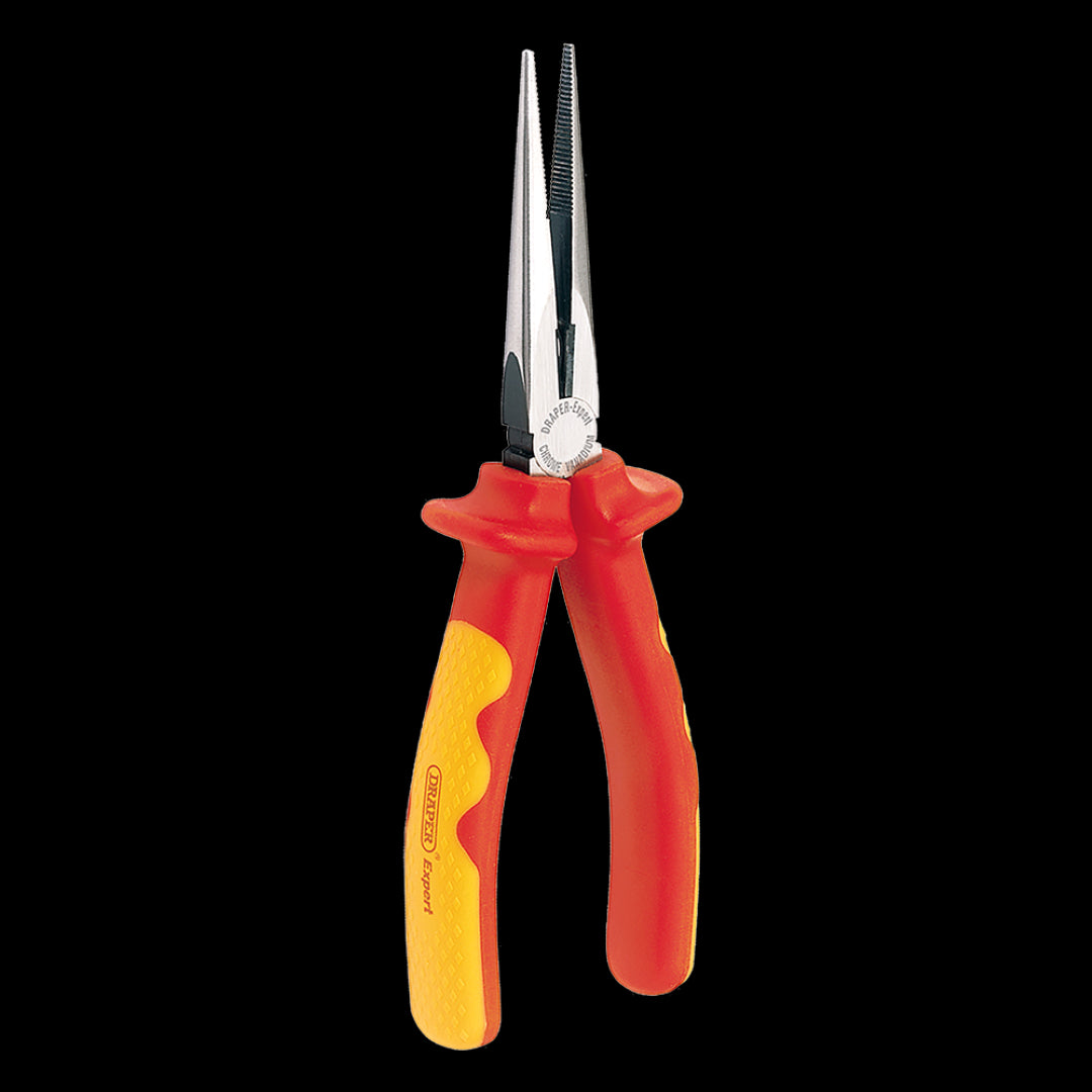 DRAPER 200mm VDE Long Nose Plier with insulated handles, designed for precision, safety up to 10,000V, and rust-resistant finish.