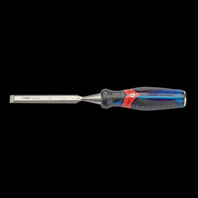 Draper 13mm Poundthru Wood Chisel with chrome vanadium steel blade, soft grip handle, and impact-resistant end cap for precise chiseling.