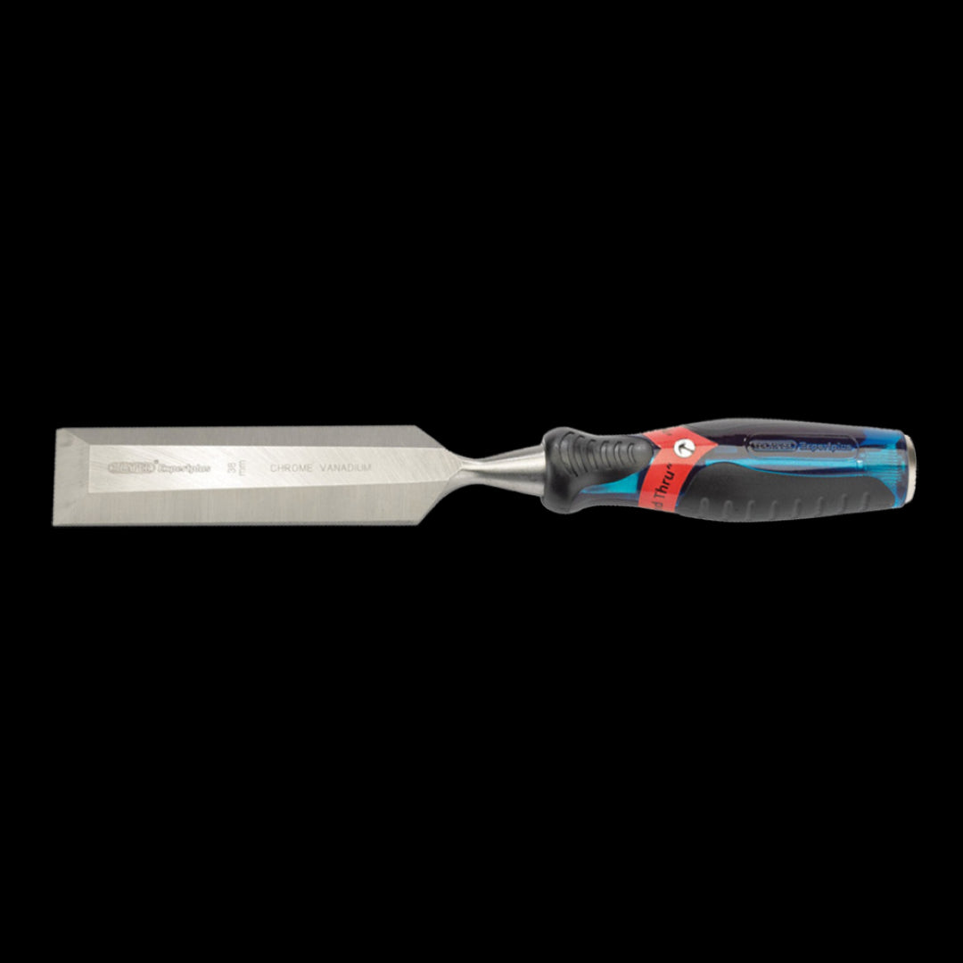 DRAPER 38mm Poundthru Wood Chisel with chrome vanadium steel blade, impact-resistant handle, and striking end cap for durability.