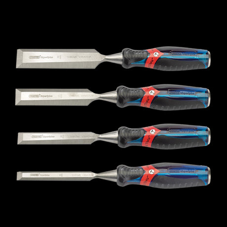 DRAPER Poundthru Wood Chisel Set - 4 Pack, featuring chrome vanadium steel blades and comfortable soft grip handles.