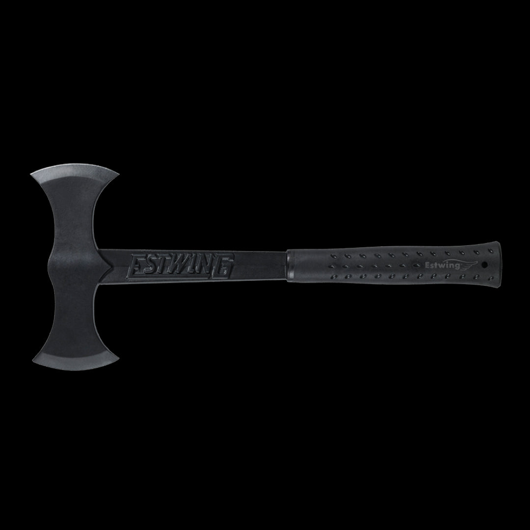 Black Double Face Axe by Estwing, crafted from American steel, featuring a shock reduction grip for comfort and versatility.