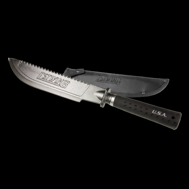 ESTWING 485mm Forged Machete with alloy steel blade, hand-sharpened edge, ergonomic grip, and included nylon sheath for outdoor use.