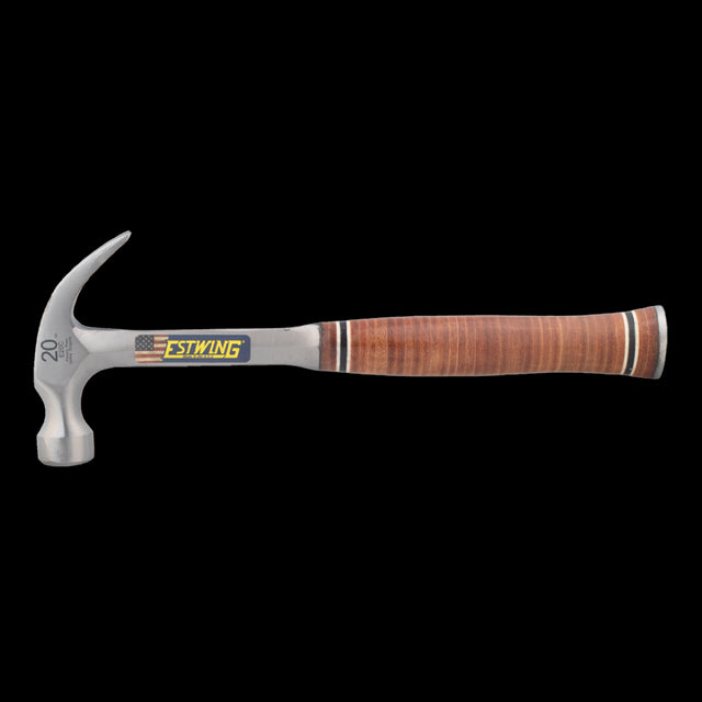 Heavy-duty ESTWING 20oz claw hammer with leather grip, durable steel construction, smooth face for precision work.