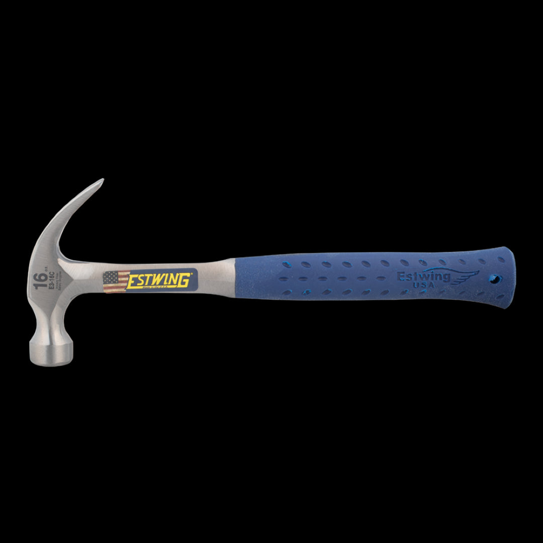 16oz ESTWING Curve Claw Hammer with solid steel construction, ergonomic grip, and polished finish for precision and durability.