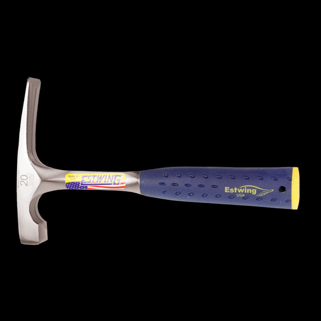 Durable 24oz ESTWING Bricklayers Hammer with shock reduction grip, forged steel design, and polished head for masonry work.