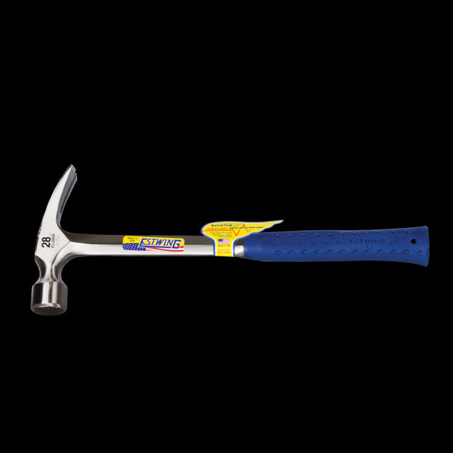 "ESTWING 28oz Milled Face Framing Hammer featuring a solid steel design, longer handle, and Shock Reduction Grip for comfort."