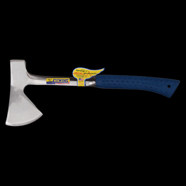 ESTWING 400mm Campers Axe with Shock Reduction Grip and embossed leather sheath, ideal for outdoor chopping and splitting tasks.