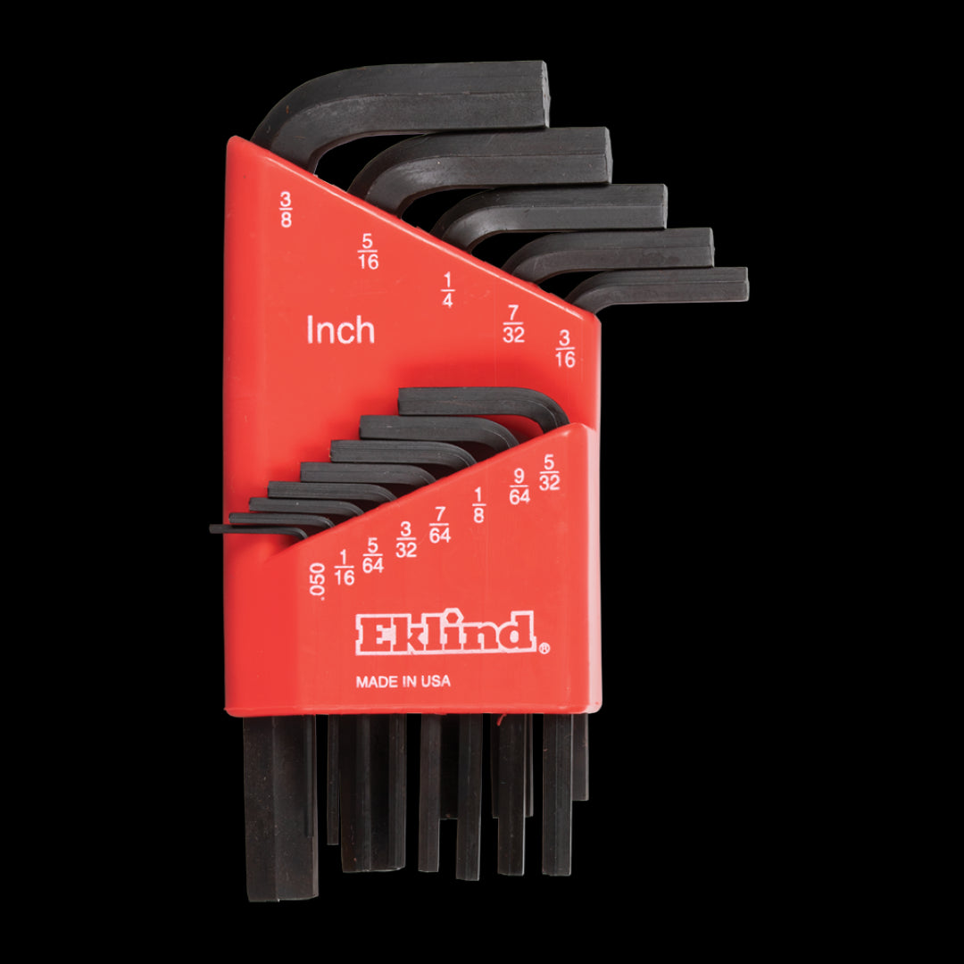 13-piece EKLIND Short Hex Key Set featuring durable Eklind Alloy Steel with rust-resistant black finish, organized in a compact holder.