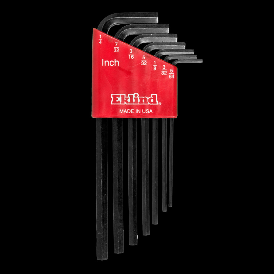 EKLIND 7pc Long Hex Key Set featuring premium Alloy Steel, heat-treated for strength, with a rust-resistant black finish.