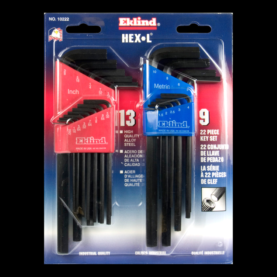 22-piece EKLIND Long Hex Key Set with holder, crafted from durable Alloy Steel, featuring metric and imperial sizes for versatile use.