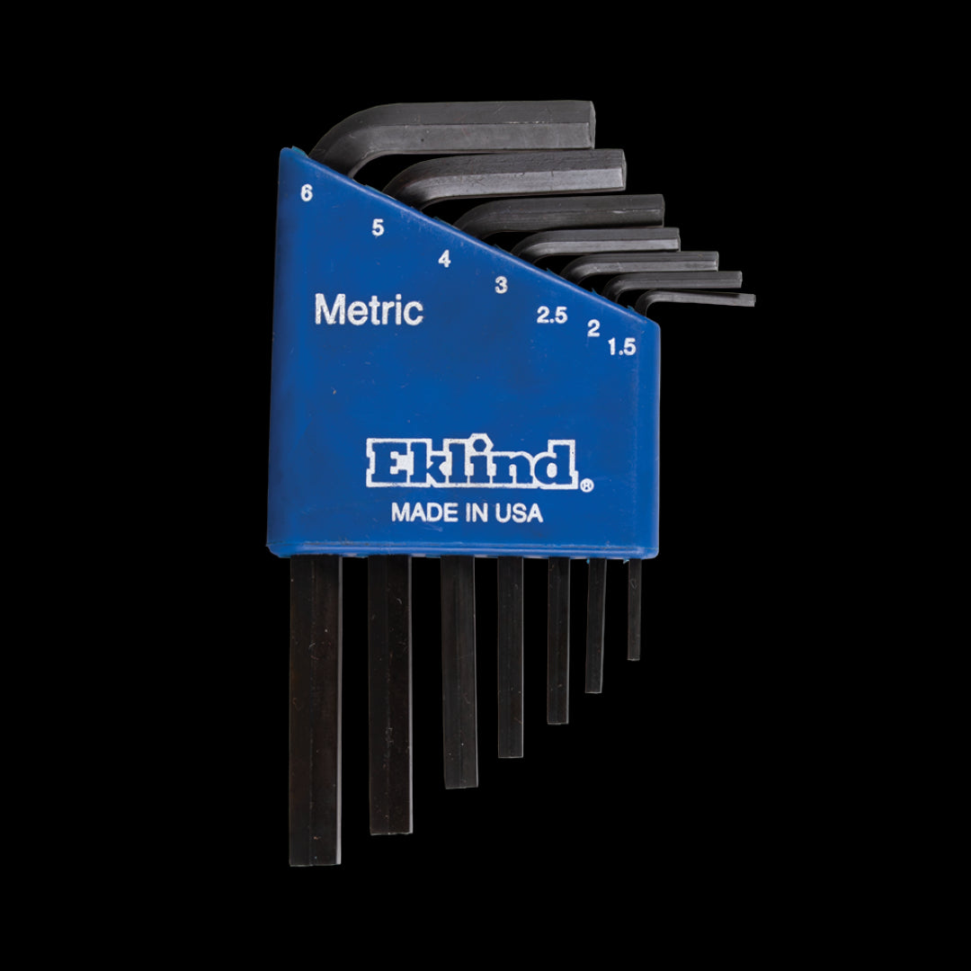 7-piece EKLIND Short Metric Hex Key Set with holder, made from durable Eklind Alloy Steel, featuring ergonomic design and rust-resistant finish.