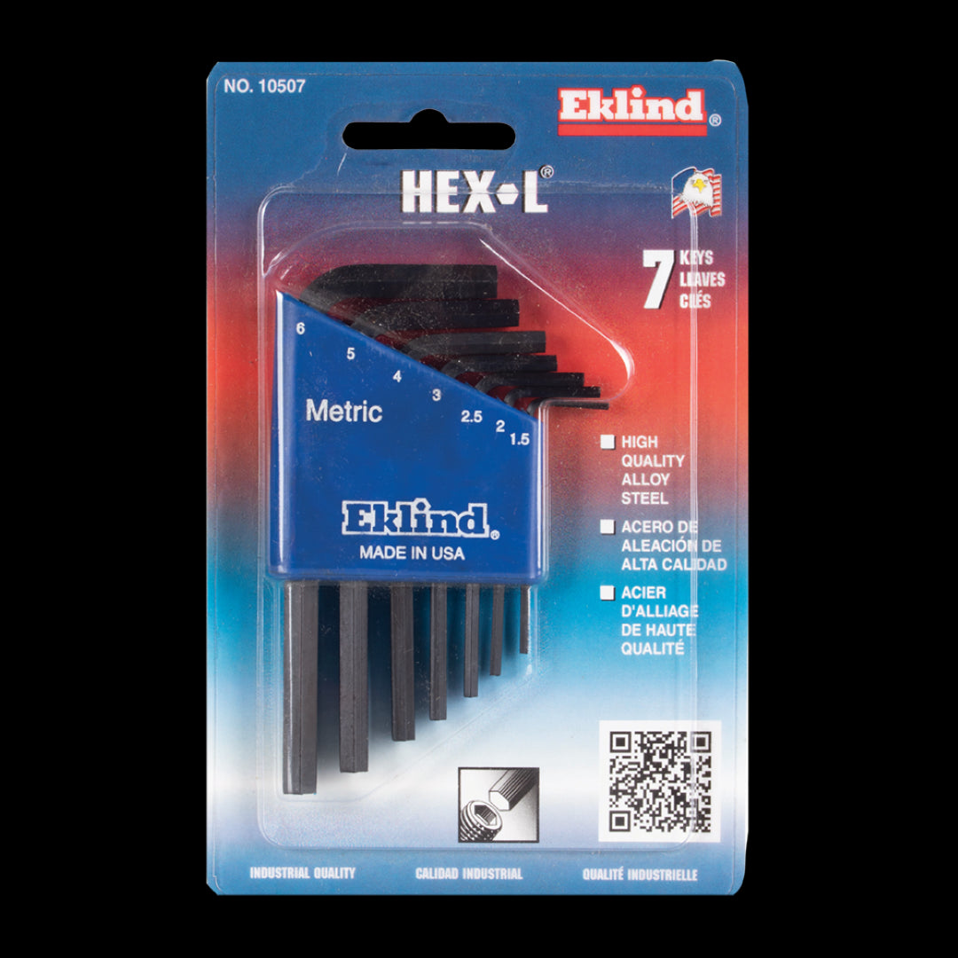 EKLIND 7pc Short Metric Hex Key Set in a holder, features heat-treated alloy steel for strength and rust resistance.