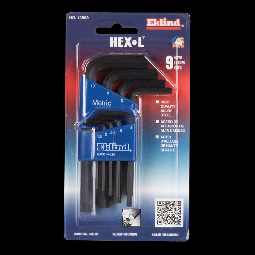 Nine-piece EKLIND Short Metric Hex Key Set with durable alloy steel, rust-resistant finish, and compact holder for easy access.