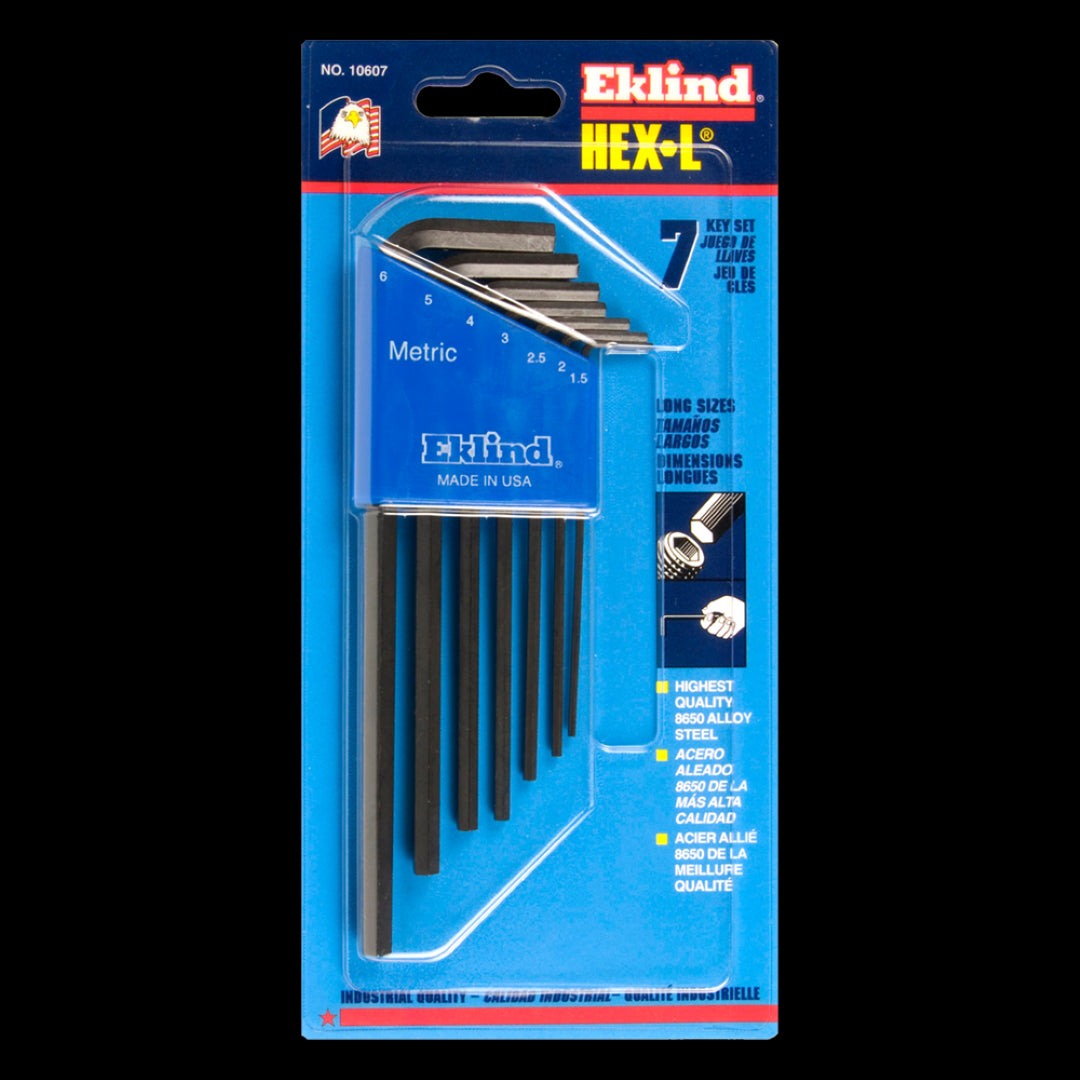 EKLIND Long Metric Hex Key Set - 7pc: Durable, heat-treated alloy steel keys with rust-resistant black finish, organized in a holder.